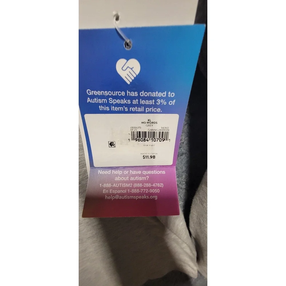 Autism Speaks Love Needs No Words Unisex‎ Long Sleeve Gary Blackground Size XL